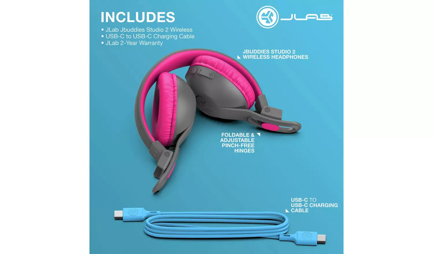 JLab JBuddies Studio 2 Kids Bluetooth Headphones - Grey/Pink